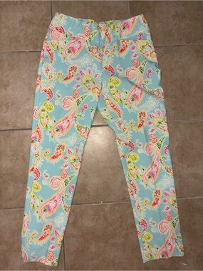 IBKUL Light Blue Paisley Cropped Ankle Pants with Pink & Yellow Accents